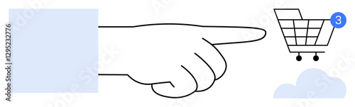 Hand pointing towards shopping cart with notification badge indicating three items. Ideal for e-commerce, online shopping, digital marketing, retail business, customer engagement, web design, user