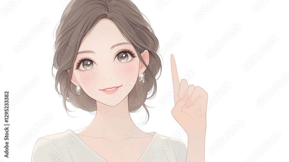 ナチュラルな美人女性の指差しイラスト|優しい笑顔と透明感 ナチュラルな美人女性の指差しイラスト|優しい笑顔と透明感
