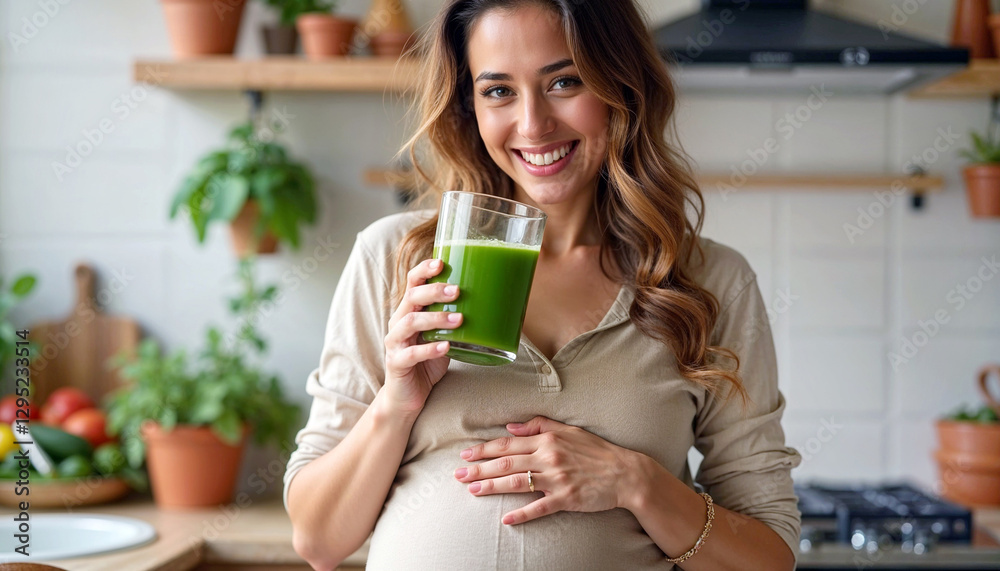 A beaming, expectant mother, with a radiant smile, cradles her rounded belly as she savors a vibrant green smoothie packed with nutrient-rich ingredients A beaming, expectant mother, with a radiant smile, cradles her rounded belly as she savors a vibrant green smoothie packed with nutrient-rich ingredients