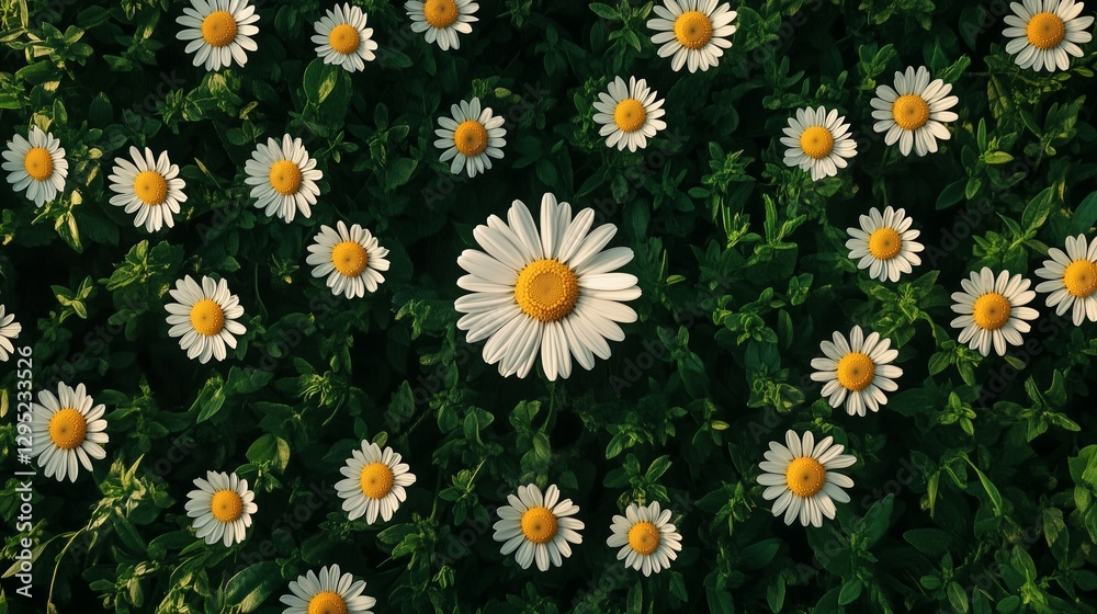 Vibrant daisy field with prominent bloom and lush green foliage
