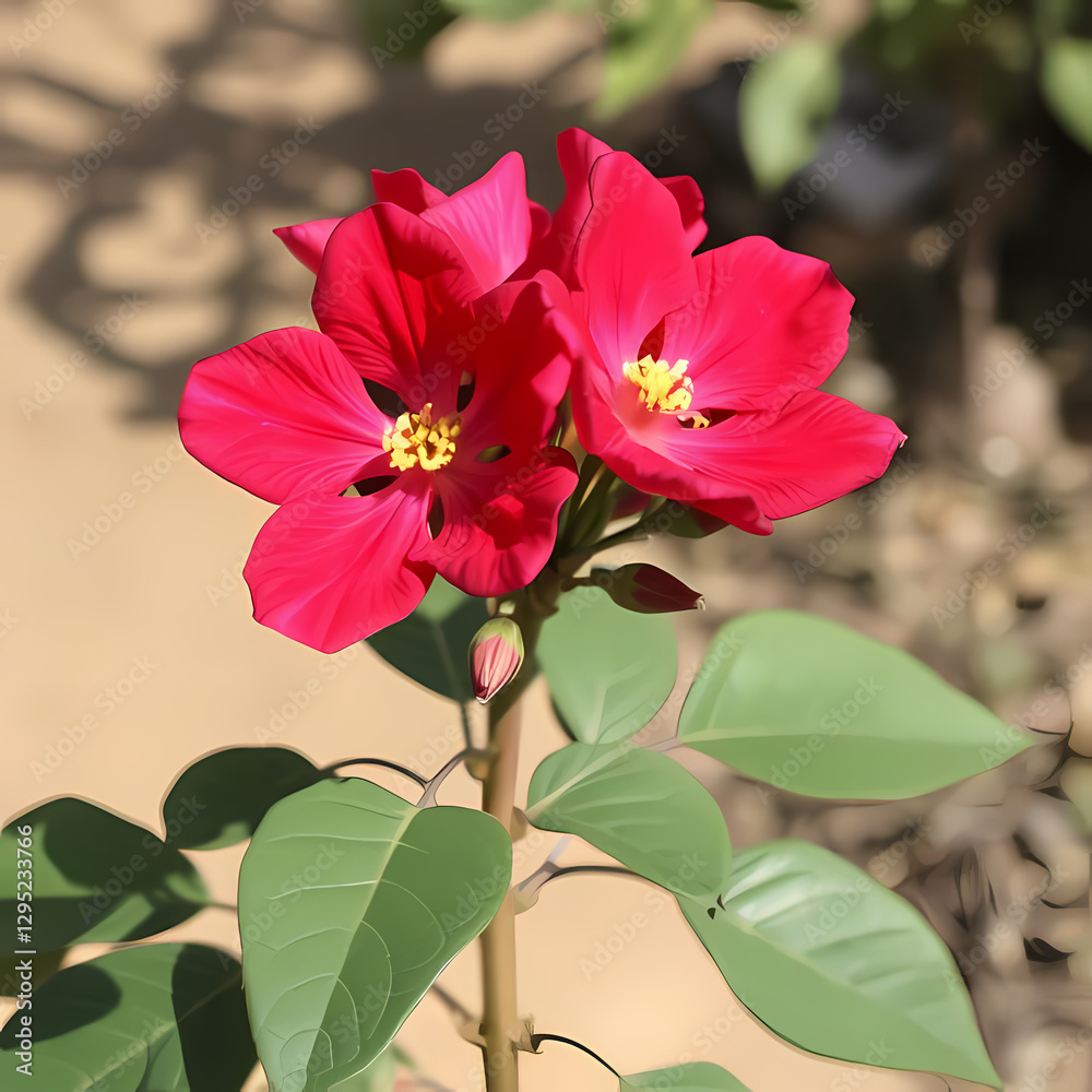 Fototapeta premium Bright Red Desert Rose in Sunlit Arid Garden Setting