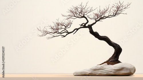 Miniature Bonsai Tree on Light Beige Rock Base Against Textured Off White Wall