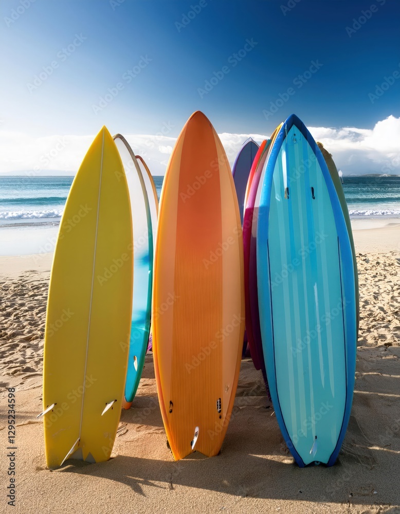 Colorful surfboards lined up, beach lifestyle essentials with Colorful surfboards lined up, beach lifestyle essentials with