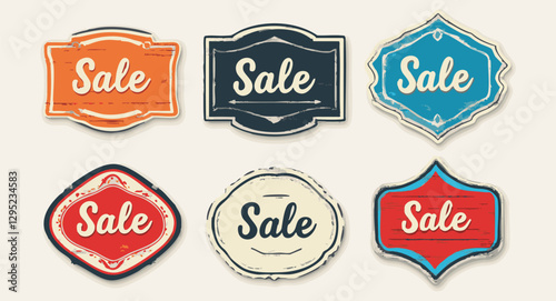 Sale Label, stamp, vector, collection, vintage sale signs simple retro design orange red blue creme old signs elements set for sale.