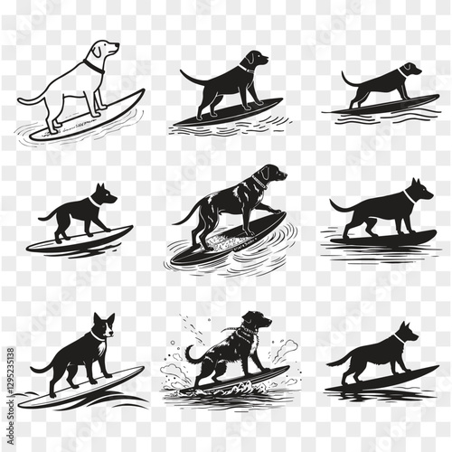 set of dogs silhouettes with Surfing in a water black vector and illustration Clean white background