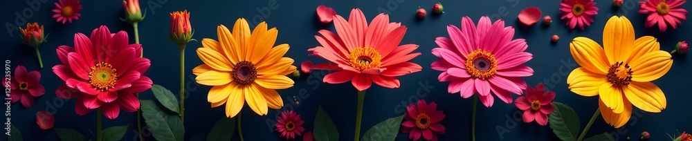 Fototapeta premium Artistic close-up of vibrant flowers on dark backdrop, colorful, intricate, close-up