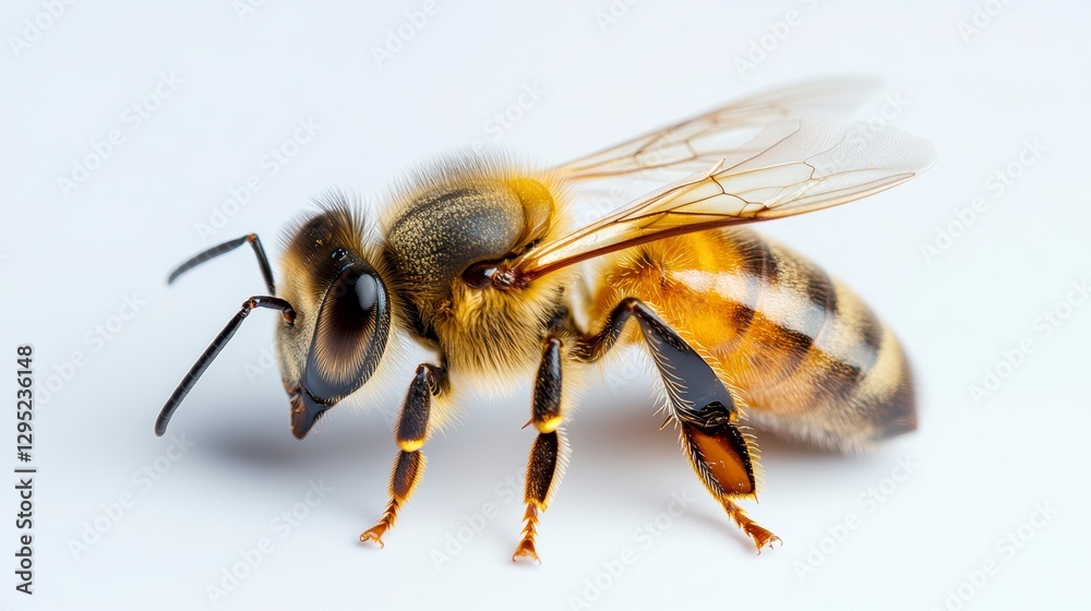 Close-up view of a honeybee showcasing intricate details and textures against a plain background Close-up view of a honeybee showcasing intricate details and textures against a plain background