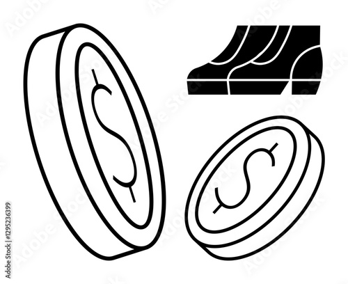 Coins with dollar signs illustrate monetary value and economic transactions, while a bar graph signifies financial growth and analysis. Ideal for finance, investment, banking, savings, economic