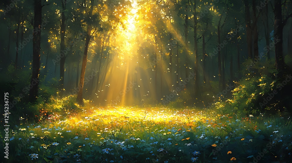 Sunbeams illuminate forest meadow; magical scene, fantasy backdrop
