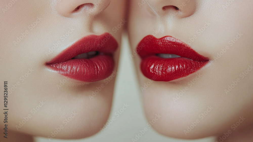 Fototapeta premium Close-up of two women's lips gently touching in a kiss, symbolizing love, intimacy, passion, and connection, highlighting beauty, desire, and tender affection