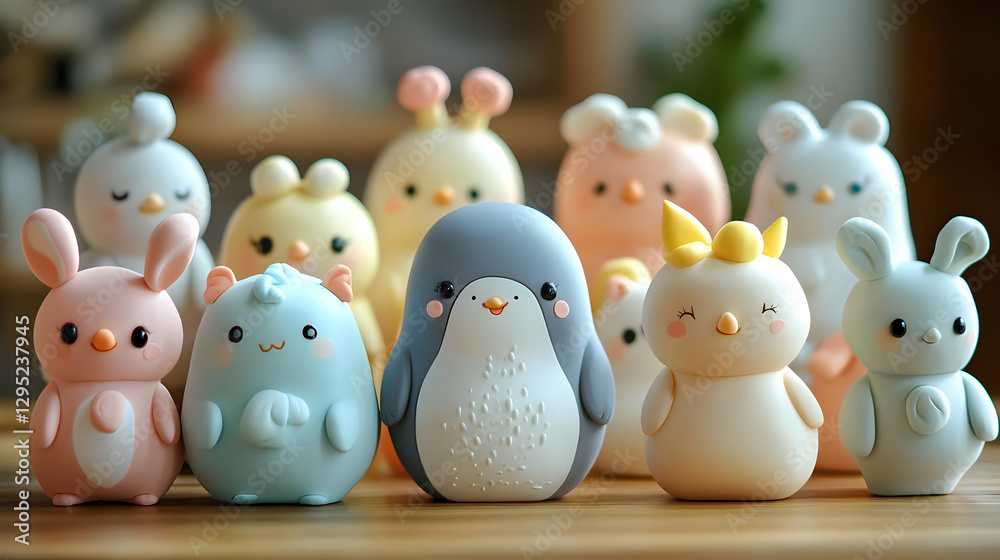 Adorable 3D Render of Cute Animal Figurines: A Collection of Playful Pastel-Colored Clay Characters, Posing Together on a Wooden Surface. Adorable 3D Render of Cute Animal Figurines: A Collection of Playful Pastel-Colored Clay Characters, Posing Together on a Wooden Surface.
