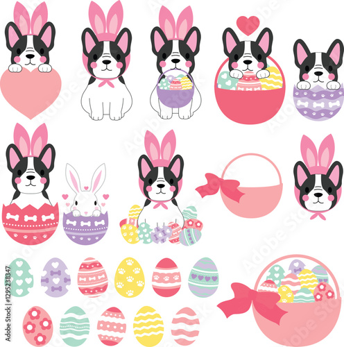 cute dog, French bulldog, Easter dog, bunny ears, dog with eggs, Easter basket, pastel eggs, holiday pet, festive puppy, dog in egg, rabbit and dog, spring celebration, pet with bow, Easter clip art, 