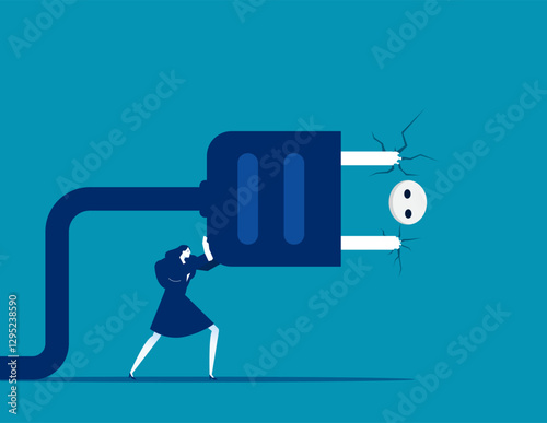 Woman trying to push giant plug into wall. Business vector concept