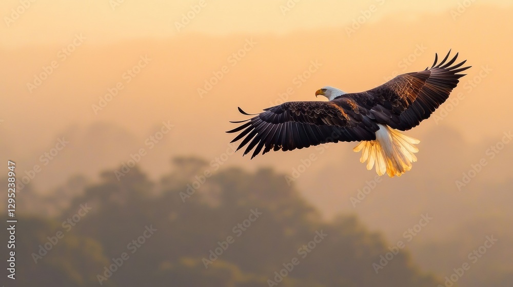 Fototapeta premium Regenerative Wilderness Majestic Bald Eagle in Golden Hour Flight - Eco-Conscious Conservation Storytelling for Sustainable Environmental Branding