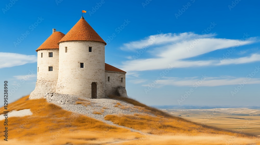 Twin Stone Towers on Hilltop under Blue Sky Twin Stone Towers on Hilltop under Blue Sky