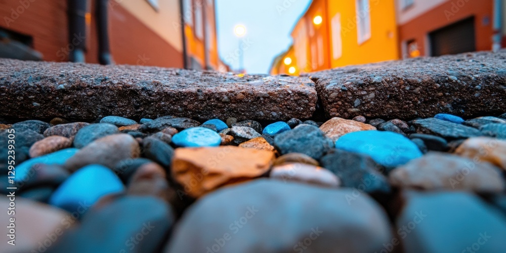Obraz premium Immersive Urban Texture Exploration Cinematic Cobblestone Perspective with Twilight Warmth - Innovative Street for Digital Storytelling and Design Inspiration