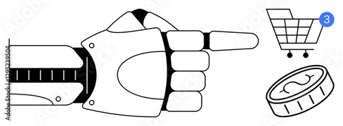 Robotic hand pointing towards a shopping cart with three items and a coin, symbolizing e-commerce automation and digital payments. Ideal for futuristic shopping, AI, robotics, online transactions