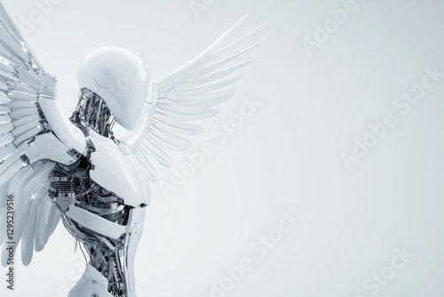 A divine AI guardian with radiant mechanical wings, its body infused with glowing cybernetic veins of pure sentient energy