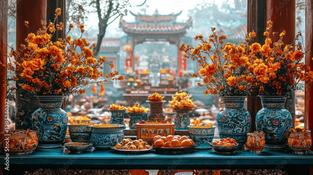 Fototapeta premium Temple Offerings with Orange Flowers