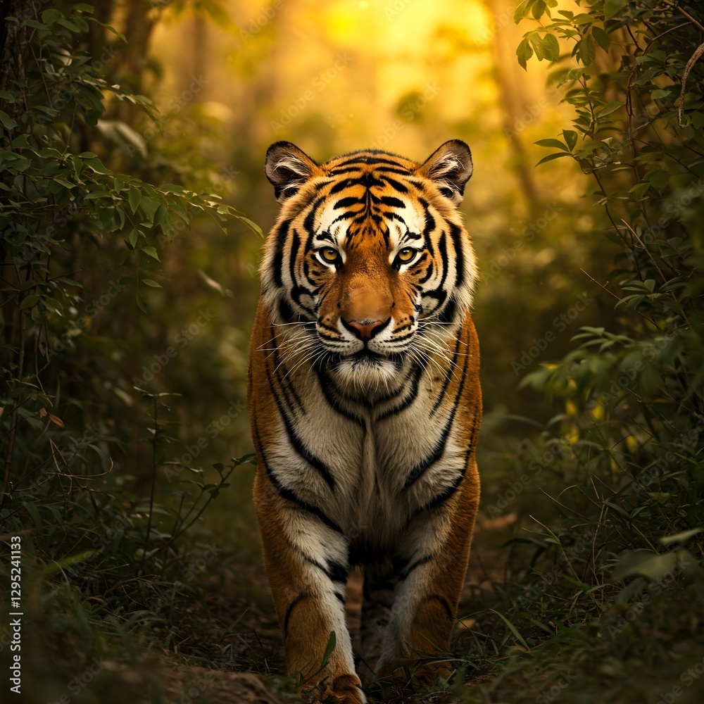 Obraz premium Majestic Tiger in the Golden Jungle AI Image