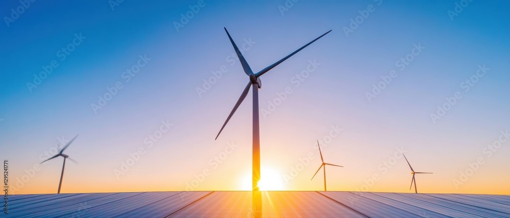 Fototapeta premium Next-Gen Clean Energy Landscape Expansive Solar and Wind Infrastructure Transforming Global Sustainability - Renewable Power Revolution at Dawn