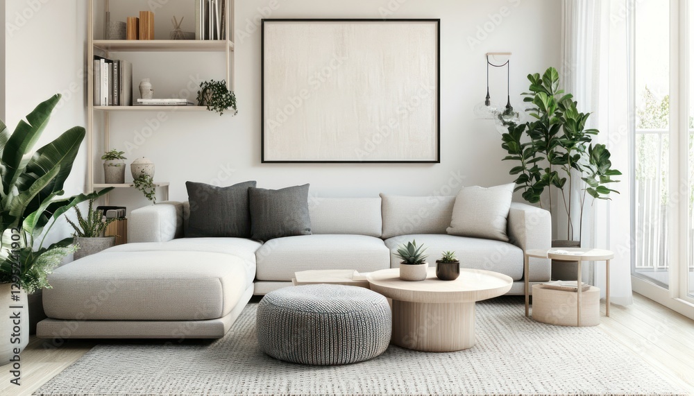 Fototapeta premium Chic small living room in neutrals with modular sofa and succulents 3. Generative AI