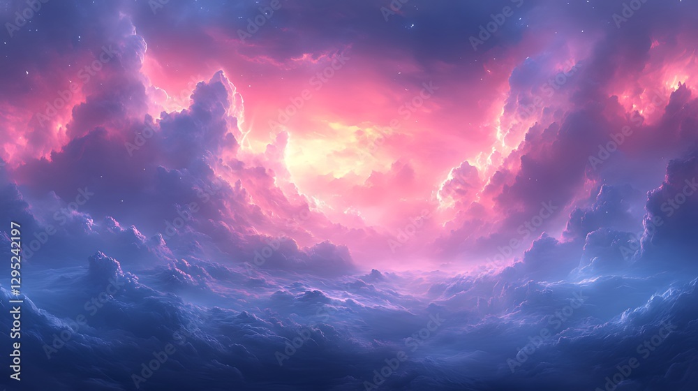 Fototapeta premium Pink sunset cloudscape, starry night, fantasy art, dreamy sky, game background