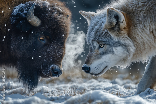 Wolf and Bison Confrontation in a Snowy Yellowstone Scene