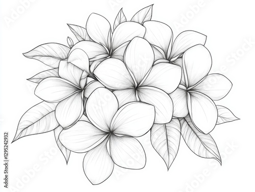 Floral line art drawing of plumeria bouquet