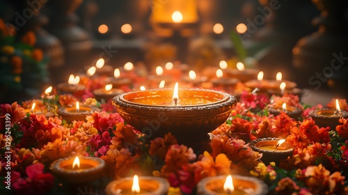 Vibrant Traditional Diwali Lamps and Flowers Arrangement for Celebrations – Generative AI
