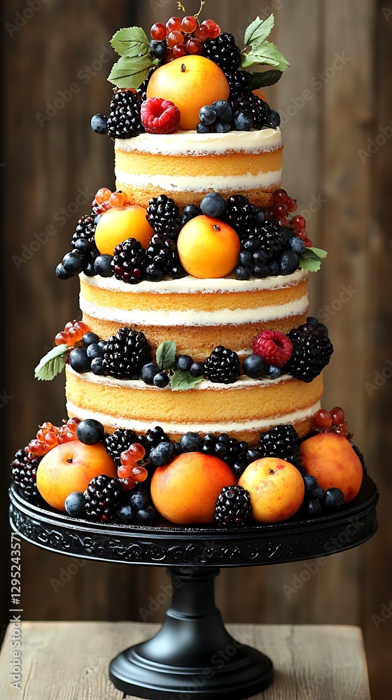 Obraz premium Rustic three-tiered fruit cake