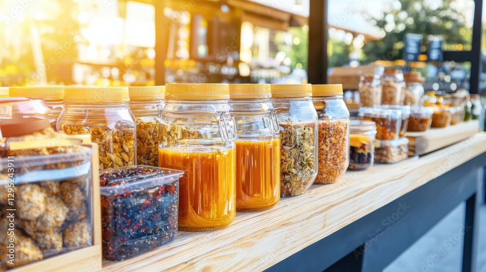 Fototapeta premium Zero waste lifestyle showcase at a vibrant farmers market close-up of reusable container products in golden light