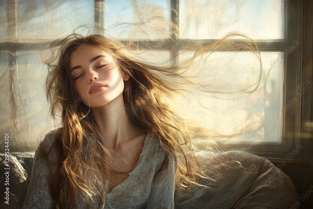 Fototapeta premium Young woman with long hair blowing in the wind, near a window. Perfect for themes of freedom, peace, and natural beauty.