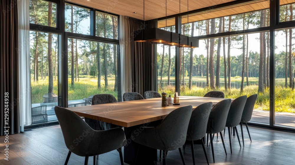 Fototapeta premium Modern Dining Room with Scenic View of Forest and Natural Light