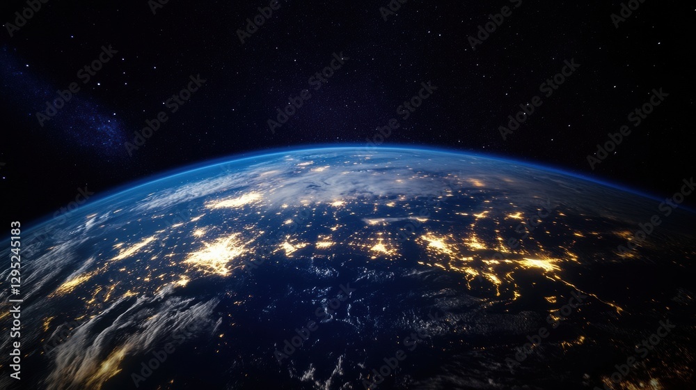 Fototapeta premium Global Connectivity Reimagined Atmospheric Night Earth Visualization for Climate Tech, Sustainability Insights and Immersive Data Storytelling in 8K Resolution