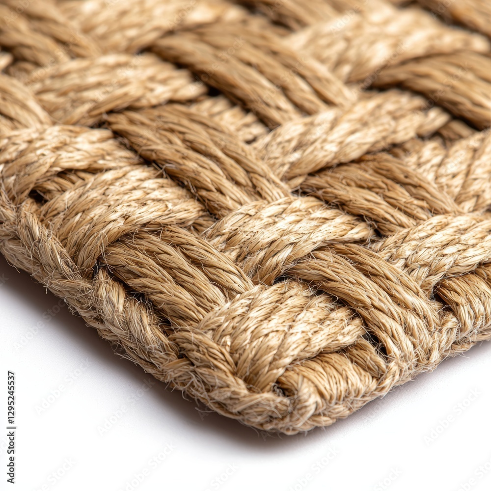 A close-up view of a woven jute mat, showcasing its intricate texture and natural fibers in earthy tones. A close-up view of a woven jute mat, showcasing its intricate texture and natural fibers in earthy tones.