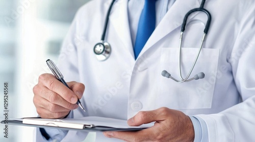 A medical professional in a white coat writes notes on a clipboard, showcasing care and attention in a clinical setting.
