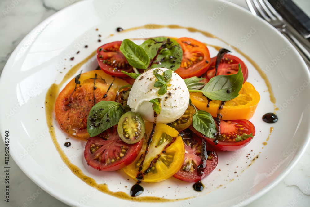 Fresh tomato salad with mozzarella and basil, vibrant colors and flavors Fresh tomato salad with mozzarella and basil, vibrant colors and flavors