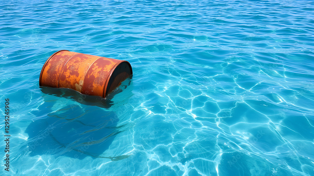 A rusty barrel adrift in crystal-clear blue waters, a jarring juxtaposition of pristine beauty and human-caused pollution A rusty barrel adrift in crystal-clear blue waters, a jarring juxtaposition of pristine beauty and human-caused pollution