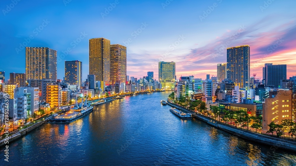 Obraz premium Vibrant Cityscape at Dusk with River Reflection and Skyscrapers