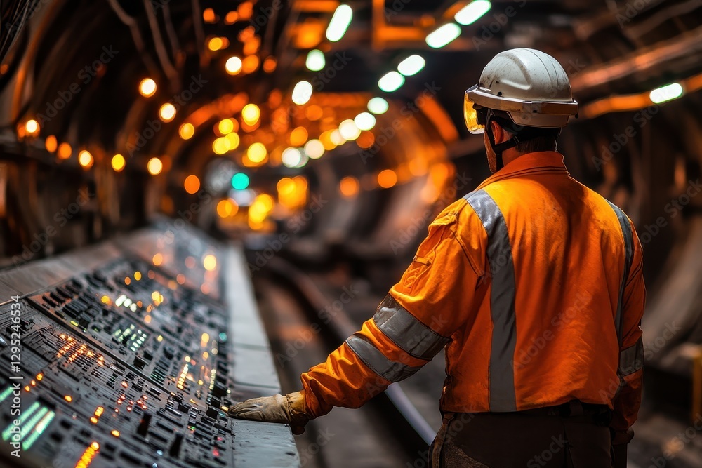 Worker in orange safety suit operating a control panel in a tunnel. Image depicts industrial control and monitoring. Worker in orange safety suit operating a control panel in a tunnel. Image depicts industrial control and monitoring.