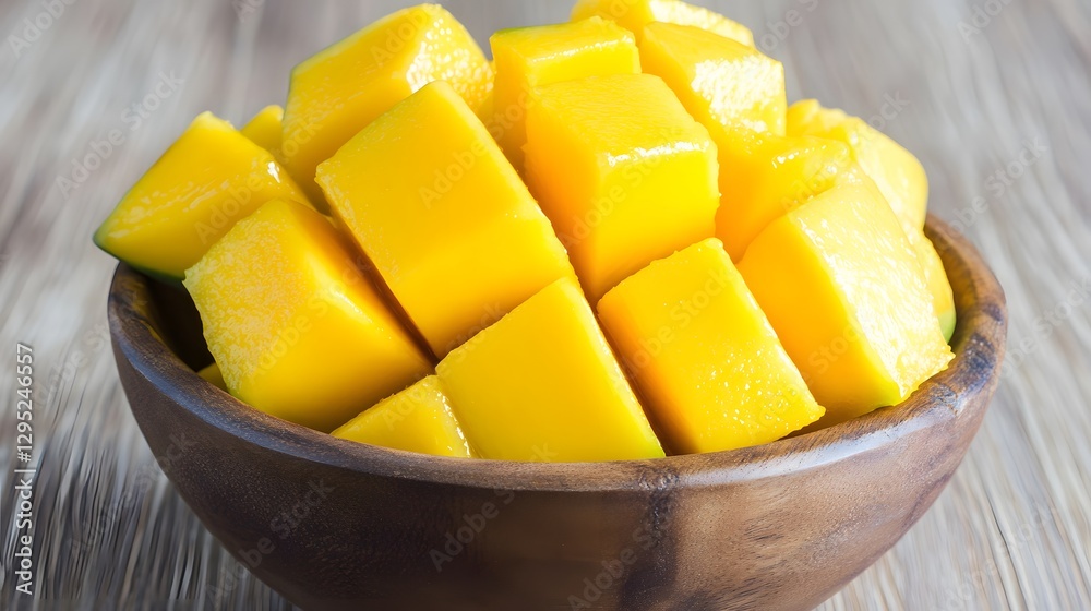 Delicious Juicy Mango Cubes in Wooden Bowl Delicious Juicy Mango Cubes in Wooden Bowl
