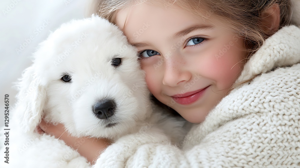 Child in a White Sweater Hugging a Cute White Puppy with Joy Child in a White Sweater Hugging a Cute White Puppy with Joy