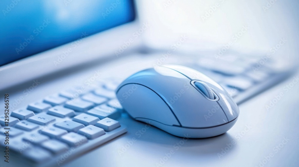 White computer keyboard and mouse on desk, blue screen background White computer keyboard and mouse on desk, blue screen background