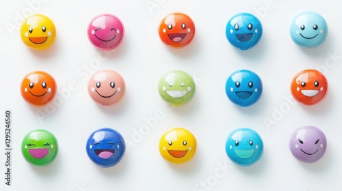 Collection of colorful smiley icons with different emotions, arranged in a neat grid on a white background