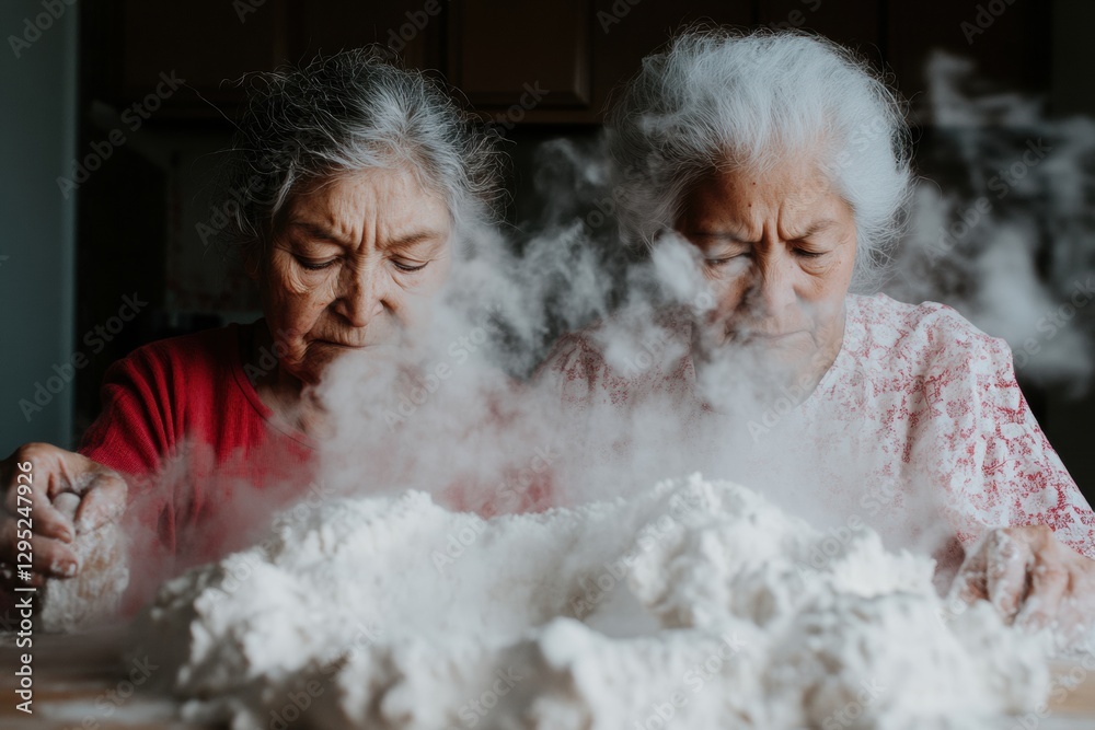 Obraz premium Intergenerational Culinary Wellness Mindful Baking Ritual Showcasing Cultural Heritage, Sustainable Home Cooking and Sensory Artisan Experience