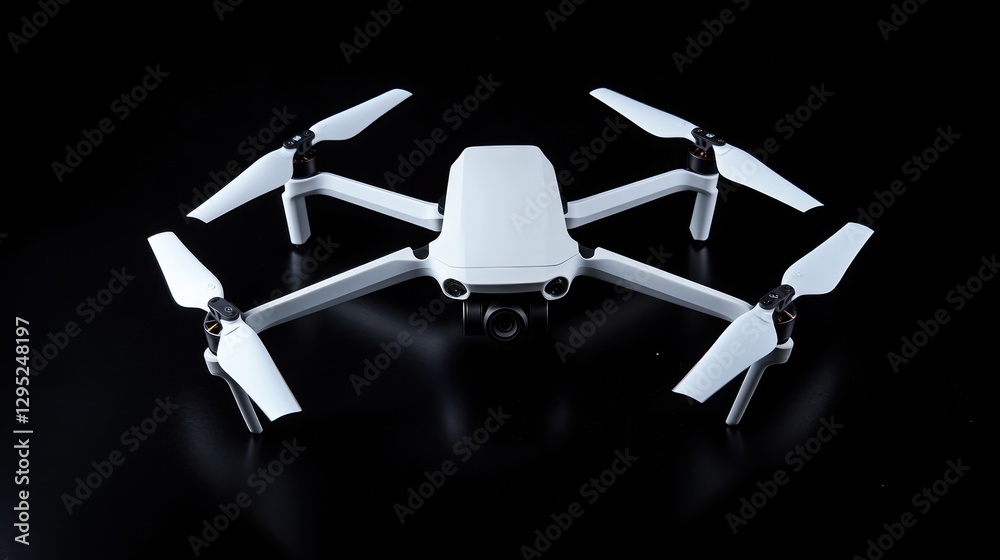 Naklejka premium White drone poised on black backdrop, ready for flight