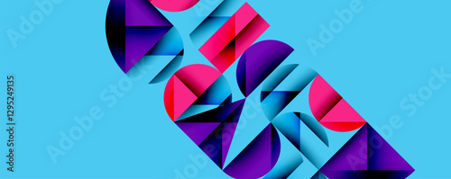 Abstract geometric background with layered gradient shapes forming dynamic patterns. Overlapping semi circles and triangles create depth and contrast