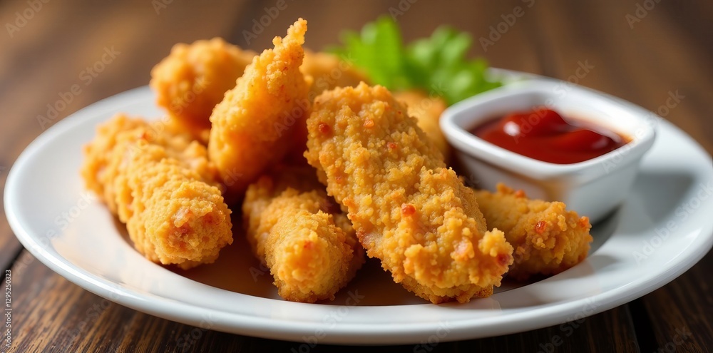 Golden crispy chicken fingers on a white plate with ketchup dip, chicken, plate Golden crispy chicken fingers on a white plate with ketchup dip, chicken, plate