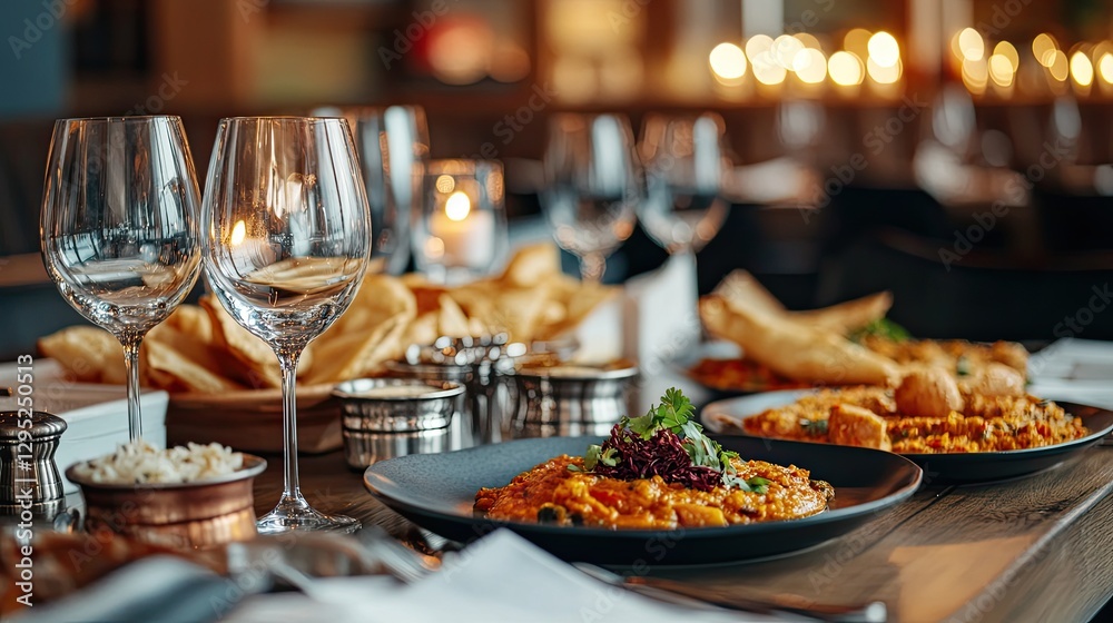 Elegant Dining Table Setting with Gourmet Indian Cuisine and Glasses Elegant Dining Table Setting with Gourmet Indian Cuisine and Glasses